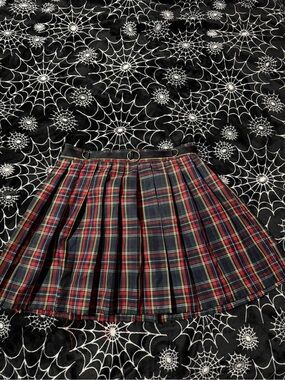 Current Mood Red and Green Plaid Pleated Mini Skirt with Ring Belt